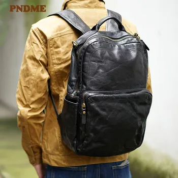 PNDME rahat moda lüks doğal hakiki deri büyük kapasiteli siyah sırt çantası gerçek inek derisi açık seyahat erkekler laptop sırt çantası