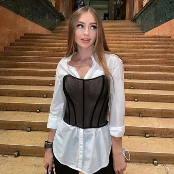Seksi Korse Üst Örgü Gotik Büstiyer Korse Overbust Korse Lace Up Göbek Kılıf Kadın Modelleme Kayışı Şeffaf Bel Cincher