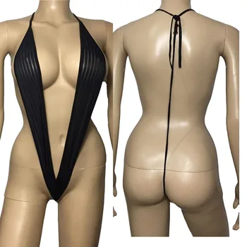 Seksi See Through Şerit Dalma Derin V Oyuncak Onesie G-String Bikini Geri Rol Oynamak Crotchless İç Çamaşırı Fantezi Kostüm
