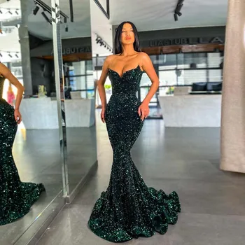 Seksi Yeşil Sequins Kolsuz Mermaid Abiye 2022 Resmi Sevgiliye Boyun Kadın Parti gece elbisesi Vestidos de noche