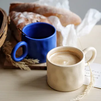 Seramik Büyük Küpe Kahve Fincanı Kupa Yuvarlak Saplı El Sıkma Mavi Beyaz Bardak Nokta El Kırışıklık süt kupası