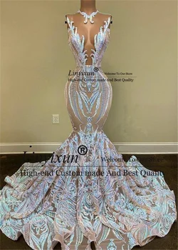 Siyah Kızlar Sparkly Pullu Mermaid balo kıyafetleri 2022 Seksi Şeffaf O Boyun Akşam Partisi Törenlerinde Afrika Kadınlar Gala elbiseler de soirée