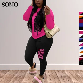 SOMO 2022 Moda Kadın Pembe Mektup Baskı Artı Boyutu Eşofman Uzun Kollu Tee spor pantolon İki Parçalı Setleri Toptan Dropshipping