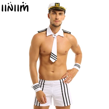 Sıcak Clubwear Kostüm Erkek Seksi Donanma Sailor Cosplay Üniforma Şort + Kap + Yaka Kravat + Manşetleri Cadılar Bayramı Polis Roleplay Egzotik Kostümleri