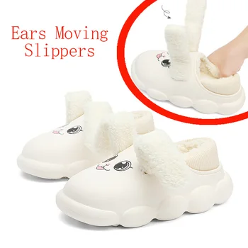 Sıçrama Tavşan Kulak Hareketli Çocuk pamuk terlikler Kış PU Kız Ebeveyn-çocuk Sıcak Bebek Terlik Yatak Odası Çocuk Ev peluş ayakkabı