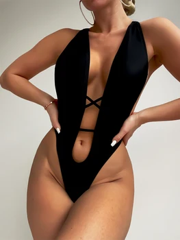 Tek Parça Mayo Kadınlar Katı Siyah Mayo 2023 Yeni Hollow Out Bodysuit Monokini Seksi Tanga Brezilyalı Plaj Kıyafeti Mayo