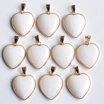 toptan 10 adet/grup kaliteli doğal taş beyaz mermer altın renk yan kalp şekli kolye 25mm takı yapımı için ücretsiz