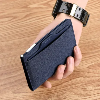 Ultra ince cüzdan erkek tuval çok fonksiyonlu büyük kapasiteli el kredi kartı metal toka ehliyet deri cüzdan