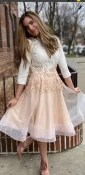 Verngo Vintage Beyaz Ve Şeftali balo kıyafetleri Uzun Kollu O-Boyun Nakış Tül Boncuk Kadınlar Diz Boyu Örgün Parti Elbise