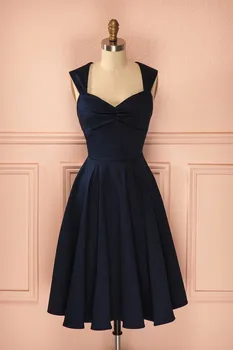 Vintage Saten Kısa Siyah mezuniyet elbiseleri Cepler ile Korse Geri Diz Boyu Pilili Abendkleid Elbiseler de Soirée Kadınlar için