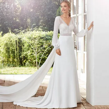 Vintage Uzun Kollu düğün elbisesi Gelin Plaj Dantel Uzun Tren Gelin Elbiseler Törenlerinde fener Kollu V Boyun Geri Casamento 2021