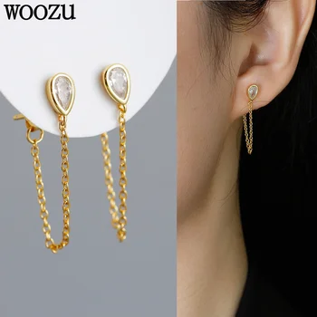 WOOZU 925 Ayar Gümüş Klasik Geometrik Zirkon Link Zinciri Bırak Küpe Kadınlar için Parti Moda Yaratıcı Tasarım Takı Hediye