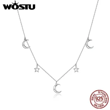 WOSTU Sıcak Satış 100 %925 Ayar Gümüş Ay ve Yıldız Gümüş Uzun Zincir Kolye Kadınlar ıçin kore modası Küpe Takı CQN411