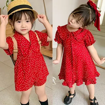 Yaz Bebek Kız Elbise Çocuk Polka Dot Baskı Prenses Sevimli Zarif Kırmızı Elbise Çocuklar Tatil Rahat Pamuk Kısa Kollu Elbise