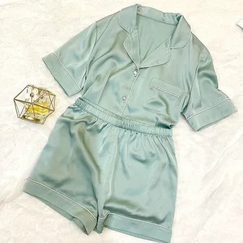 Yaz tatlı pijama kadın kısa kollu şort basit düz renk yaka hırka ev hizmeti takım elbise