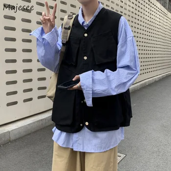 Yelekler Erkekler Çok Cepler Katı Retro Erkek Kargo Yelekler Japonya Tarzı Kolsuz Streetwear Hip Hop Ins Moda V Yaka Gevşek