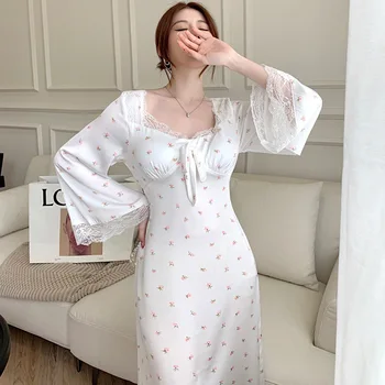 Yeni Bahar Kadın Gecelik Pijama Retro Mahkemesi Tarzı Kare Yaka Uzun Kollu Gecelik Tatlı Baskı Çiçek Dantel Ev Elbise
