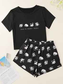 Yeni Stil kadın Sevimli Karikatür Panda Kısa Kollu T Shirt ve Şort Pijama Takımı Yaz Rahat Pijama Ev Takım Elbise İç Çamaşırı