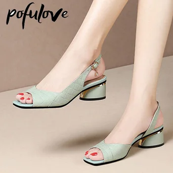 Yeni Yaz Kadın Sandalet Burnu açık Pompaları Geri Kayış Orta Topuklu Ayakkabı Peep Toe Bayanlar Ayakkabı Klasik Elbise Sandalias Mujer Pompaları