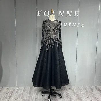 YQLNNE Siyah Müslüman Uzun Kollu Kristaller Abiye Dubai Boncuklu Örgün Kadın Parti balo elbisesi Çay Boyu
