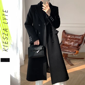 Yüksek Kaliteli Kadın Yün Palto Kış Kruvaze Siyah Yün Uzun Ceket Ofis Bayan Moda Zarif Giyim