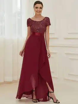 Zarif Gece Elbisesi Uzun Asimetrik Kısa Kollu O-boyun Payetli Elbise 2023 Hiç Güzel Basit Balo Kadın Elbise
