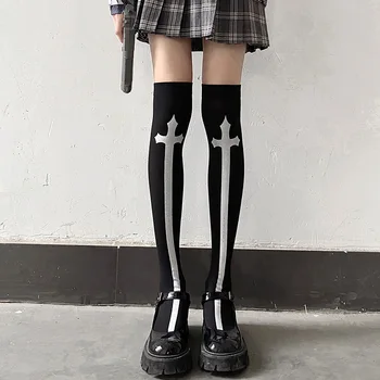 Çapraz Emo Uyluk Çorap Kadın Japon Harajuku Anime Aksesuarları Grunge Egirl Gotik Diz Üstü Çorap Emo Sahne Cadılar Bayramı 2022