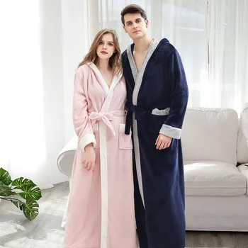 Çift Kapşonlu Elbise Kış Uzun Rahat Pazen Bornoz Kimono Sıcak Mercan Polar Elbise Gece Kürk Elbiseler Sabahlık Kadın FG498