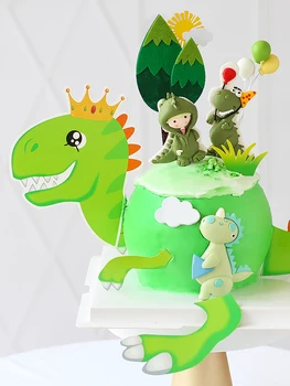 Çocuk Günü Bebek Bir Yaşında Yeşil Orman Dinozor Serisi Kek Topper Bırakın Tatlı Fiş Doğum Günü Partisi Sahne Dekorasyon